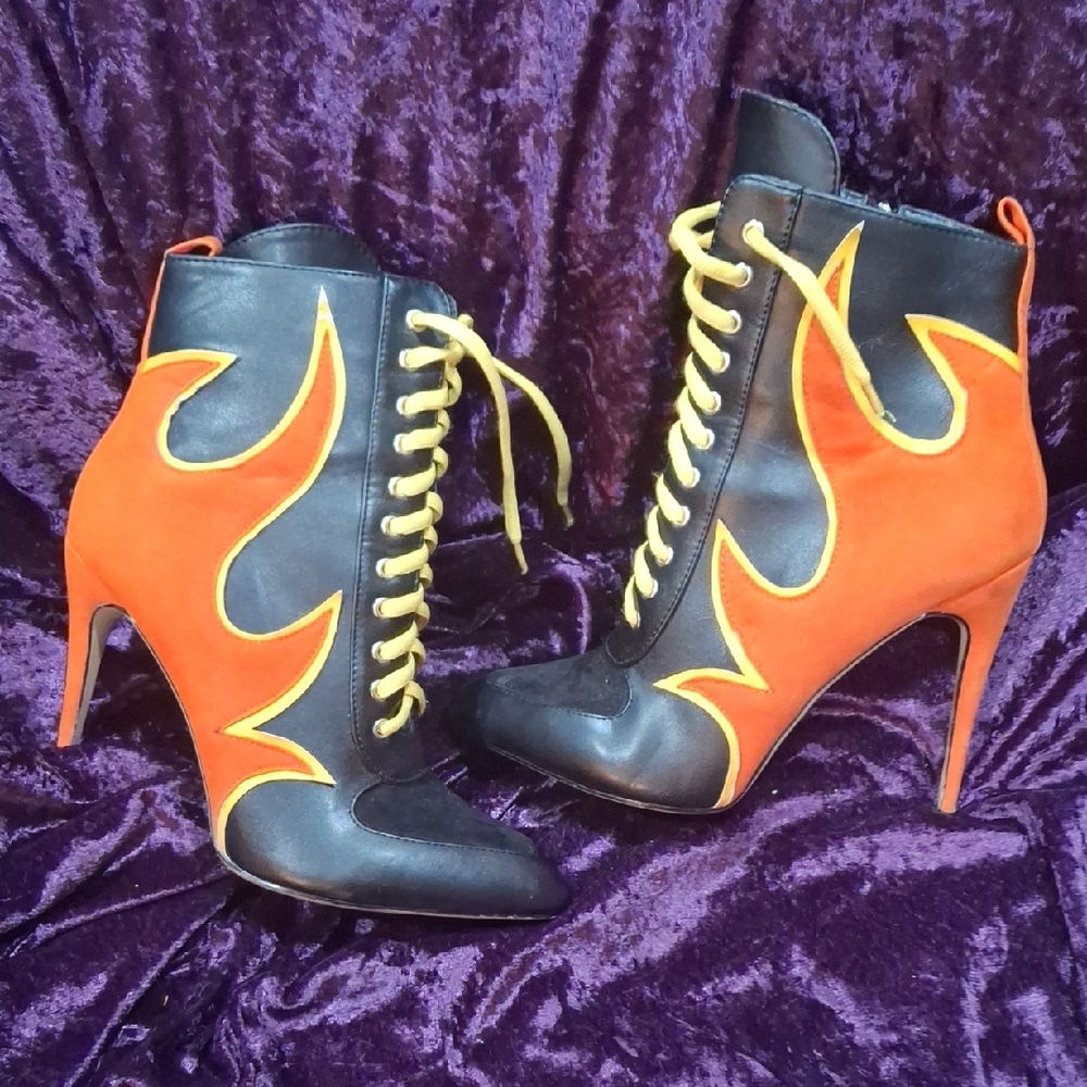 PrettyLittleThing Black and Orange Heeled Boots with Flame Design
